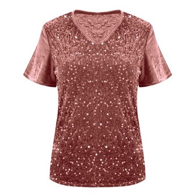 Damen Glitzer Pailletten Samt T-Shirt Tops Stretch V-Ausschnitt Bluse Party T-Shirts Größe