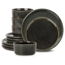 Stone Lain 12 Piece Modern Stoneware Dinnerware Set Plates, Bowls, Charcoal Grey