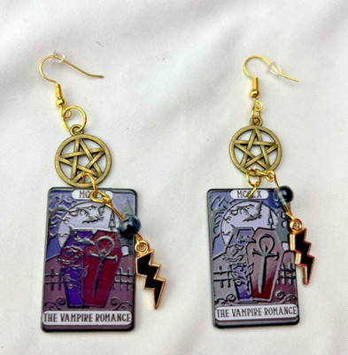 Handmade Dangly Earrings Vampire Romance Tarot Card Pentacle Pagan Goth Fantasy