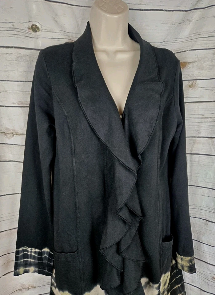 Chaqueta Wearables by XCVI Tie Dye con Volantes L Mujer Cremallera Completa Larga Tejida Negra Foto 2 de 4