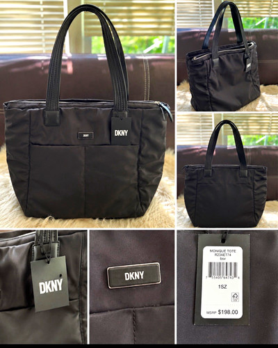 DKNY Women’s Black Tote Bag Zip Top Double Handles Silver Hardware Pockets