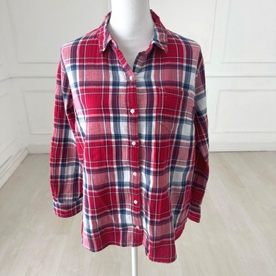 Gap Plaid Button Down Shirt Womens L Red White Blue Boyfriend Fit Double Cloth