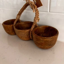 Mud Pie Wooden Triple Dip Server Condiment Bowls With Rope Handle New