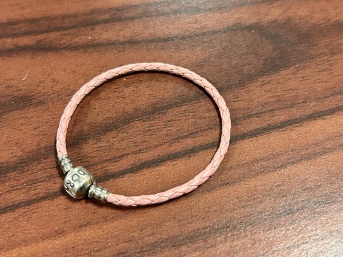 PANDORA Pink Braided Leather Charm Bracelet Silver Barrel Clasp Stackable