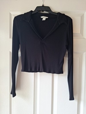 H&M Women s Medium BLACK Knit Crop Top Long Sleeve Collared 