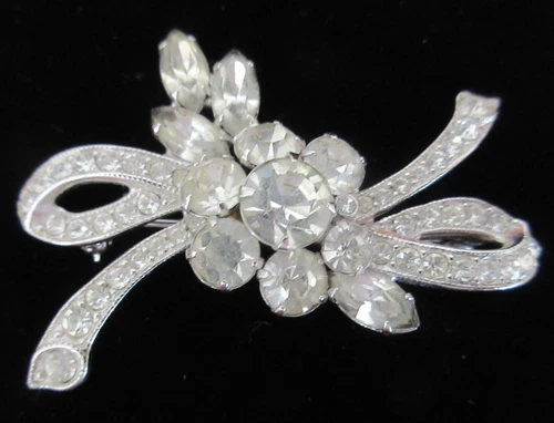 Vintage Eisenberg Ice Signed Clear Iced Rhinestone Silver Tone Ladies Brooch Pin