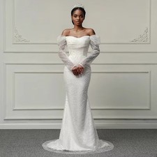Long Sleeve Beaded Sequins Wedding Dresses Elegant Off Shoulder Bride Gowns