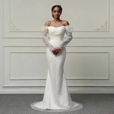 Long Sleeve Beaded Sequins Wedding Dresses Elegant Off Shoulder Bride Gowns