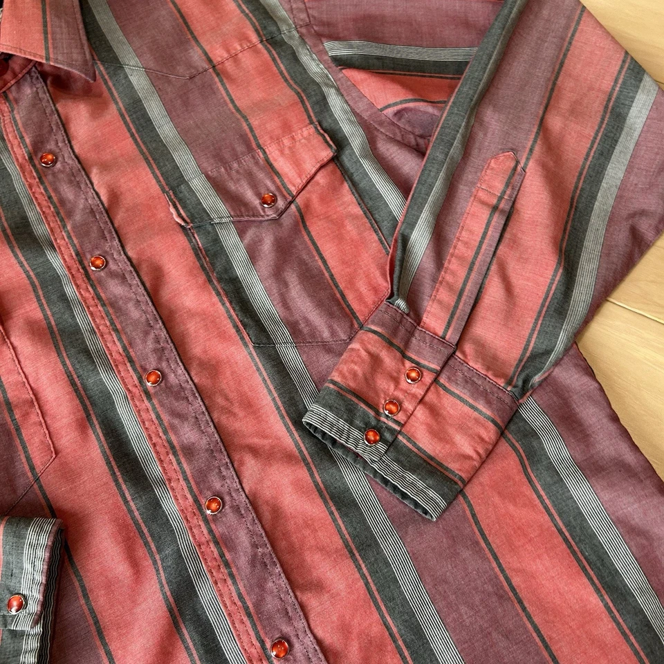 Vintage Wrangler Brushpopper Pearl Snap Striped Shirt Long Sleeve Men’s 15.5-33 - Image 3 of 4