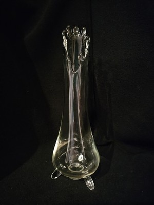 Vintage MCM L.E. Smith Clear Glass 11''H Crystal 3 -Footed Standing Swung Vase LE