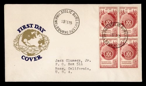 DR WHO 1955 AUSTRALIA FDC ROTARY INTERNATIONAL BLOCK M69277