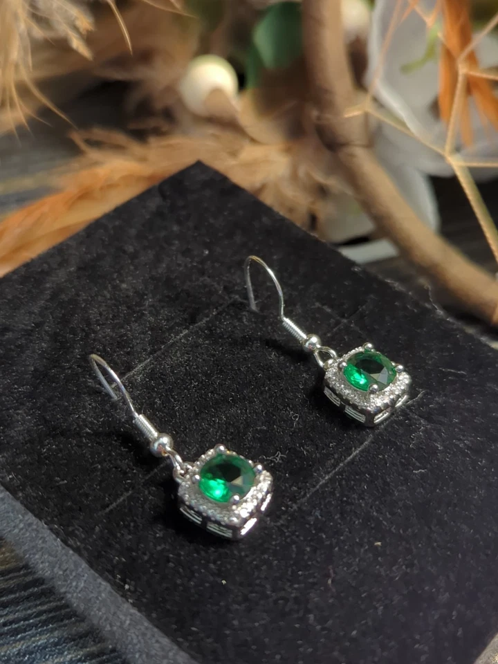 Sterling 925 Emerald Sapphire Lab Created Dangle Earrings Brilliant Square... - Image 3 of 4
