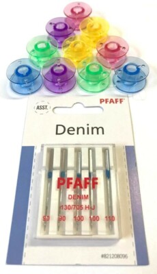 10x farbige Kunststoff Spulen +Original Pfaff Jeans Nadeln für Pfaff Nähmaschine