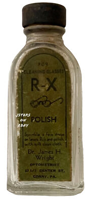 1940s CORRY, PA, DR. JAMES H. WRIGHT OPTOMETRIST R-X EYEGLASSES POLISH BOTTLE