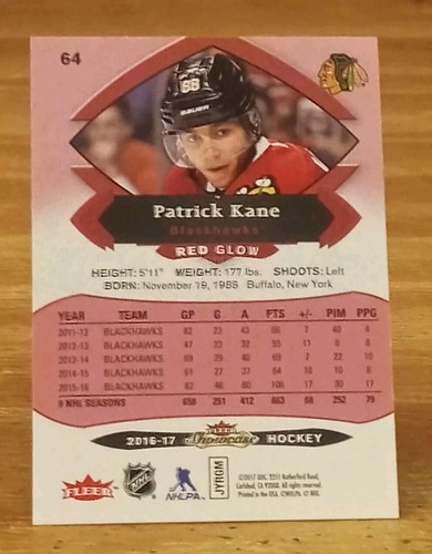 2016-17 Fleer Showcase Red Glow Patrick Kane Chicago Blackhawks - Picture 2 of 3
