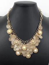 NYC Boho Coastal Gold Tone Disc Charm Bib Cluster Statement Necklace 20 in