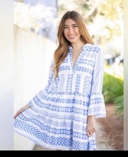 NWT Arthur Jane Claire White Tiered Blue Abstract Boho Print Split Neck Small