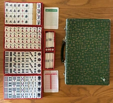 Vintage Chinese Mah Jong Set Bamboo Tiles, Green Pattern Cardboard Carrying Case