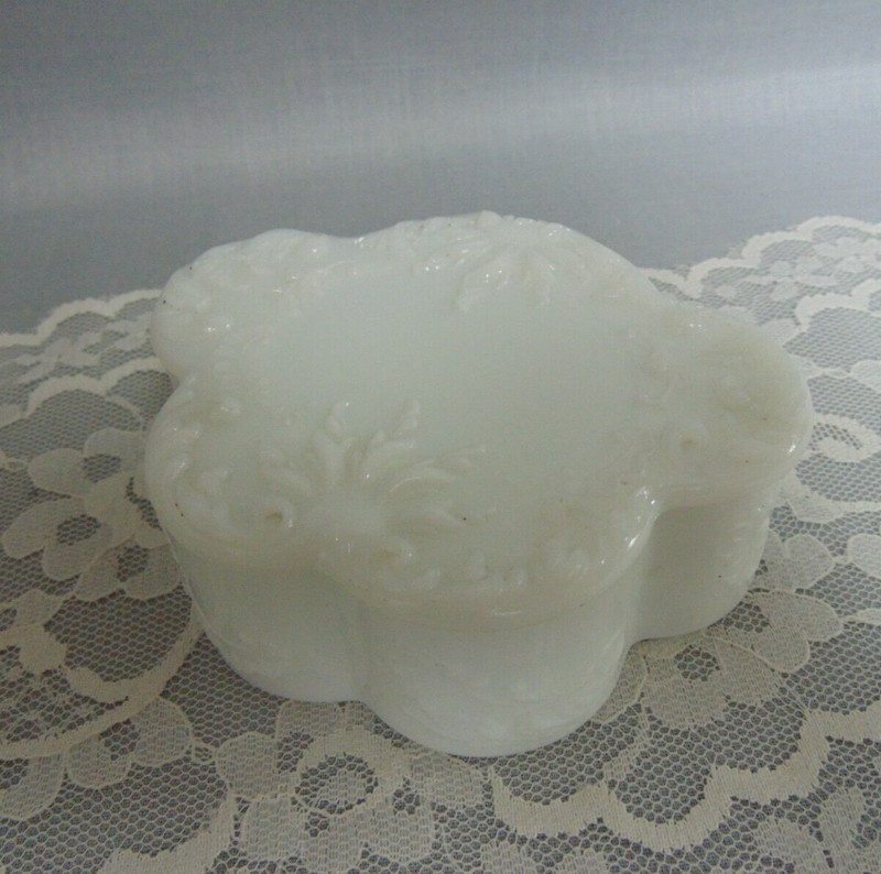 Antique Victorian White Milk Glass Dresser Dish Box Embossed Scrolling No. 23