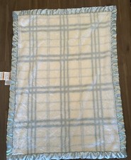Just Born Baby Blanket Blue White Plaid Plush Faux Fur Satin Edge Boys