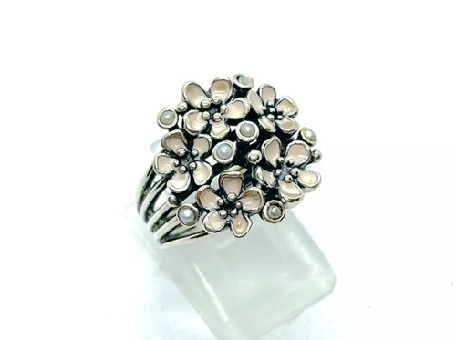 Retired PANDORA Sterling Silver Enamel Seed Pearl Cherry Blossom Ring Sz 52 - Picture 5 of 8