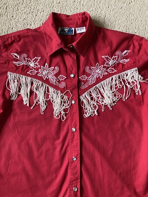 Vintage Blue Canyon Western Wear Embroidered Stars Shirt Red White Womens Med