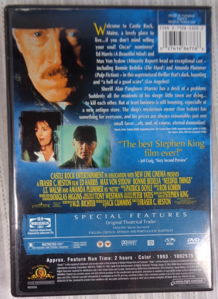 Needful Things (DVD 1993) by Stephen King Ed Harris Max Von Sydow Bonnie Bedelia - Image 2 of 3