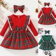 Baby Girls Christmas Plaid Check Jumpsuit Dress Romper Tartan Headband Outfit