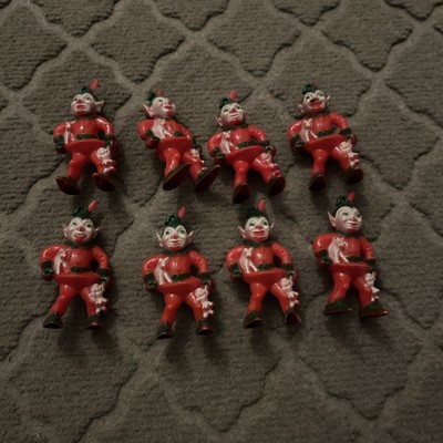Vintage Rosbro Christmas Elf Ornament Red & Green Hard Plastic 3'' Lot Of 8