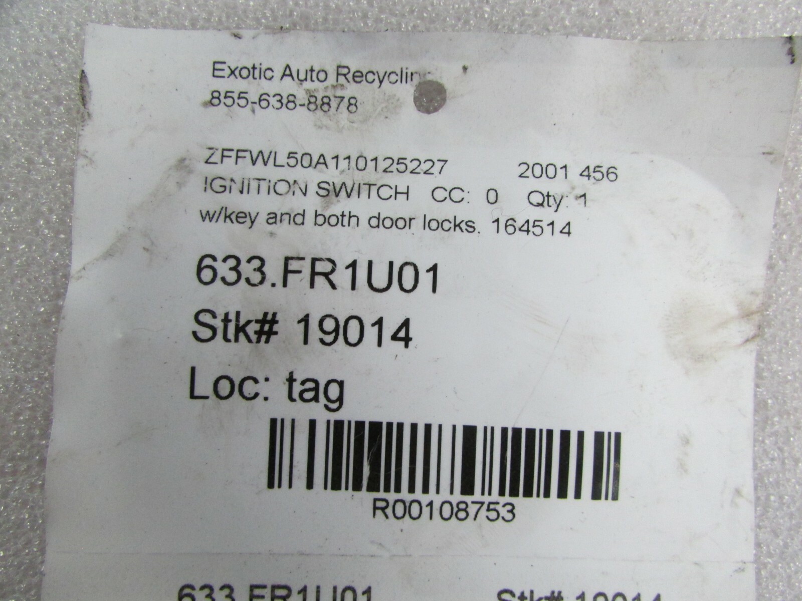 Ferrari 456 Lock Set Ignition Switch, x2 Door Locks & Key P/N 164514