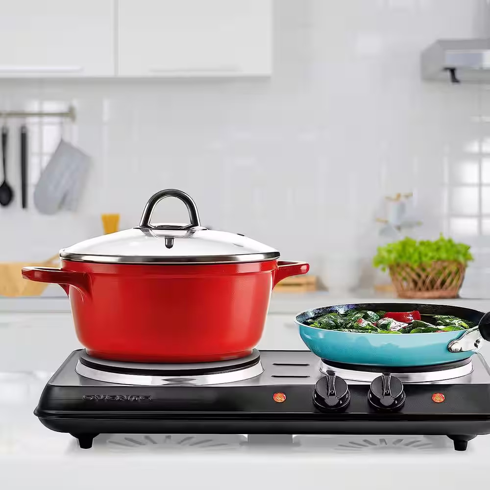 Double Burner Electric Stove Cast Iron Hot Plates Cooktop Kitchen Black OVENTE