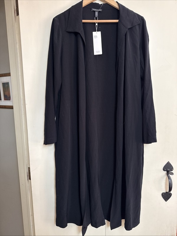 New with tags Eileen Fisher Tencel Viscose Crepe Open Front Coat  Black -size S