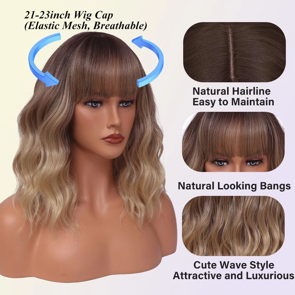 Peluca Rubia 12 Pulgadas Corto Ombre Destacados Bob Peluca Flequillo Ondulado Pelo Rizado Actriz Foto 3 de 4