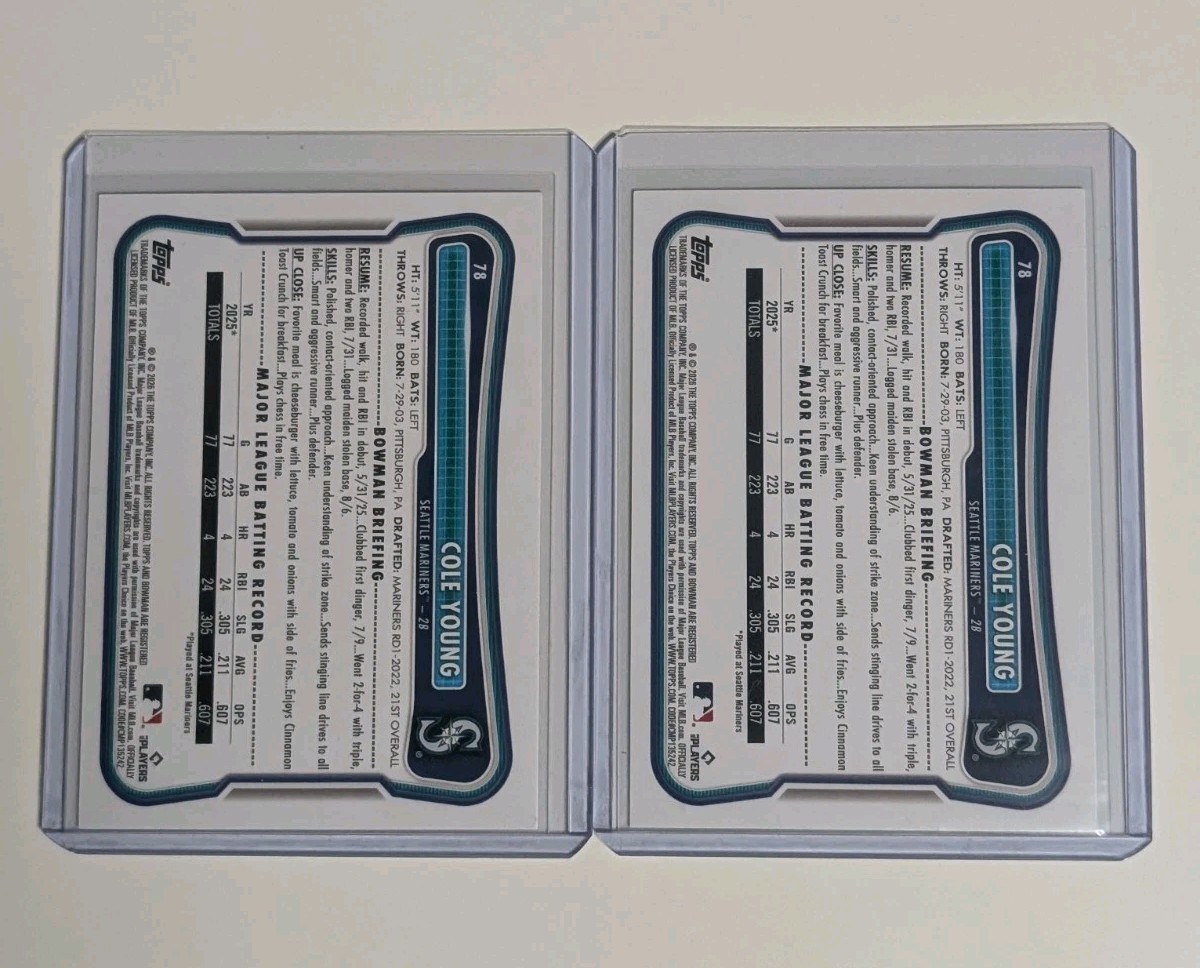 2026 Bowman Cole Young Fuchsia Paper RC /299 + Green Paper RC /399 Mariners view 4