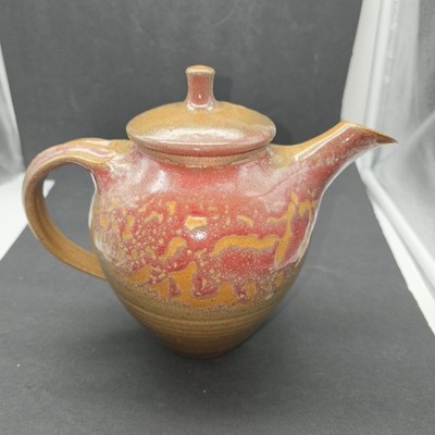 Handmade Studio Art Pottery Teapot 8.5'' Brown & Red Tones Signed by Artist