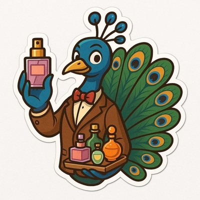 Pfau als Parfüm Verkäufer Cartoon Autoaufkleber 9x9 cm Sticker Deko