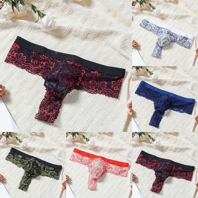 Männer G-String Netz Tanga Schlafzimmer Boudoir Ausbuchtung Beutel Blumen Spitze T-Back Design