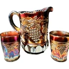 Vintage Northwood Grape Amethyst Carnival Water Pitcher And 2 Glass Set