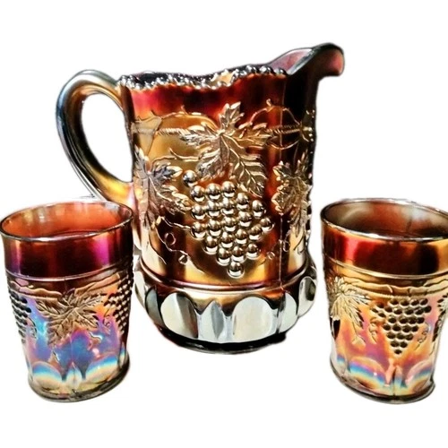 Vintage Northwood Grape Amethyst Carnival Water Pitcher And 2 Glass Set