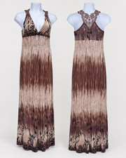 Floral Lace Trim Tan Brown Maxi Dress 6 forest fairy festival beach vacation