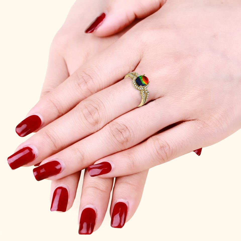Mens Ammolite Ring In 14k Gold - Natural AAA Grade Gemstone With 3 Colors, Designed By Ellen - View #5