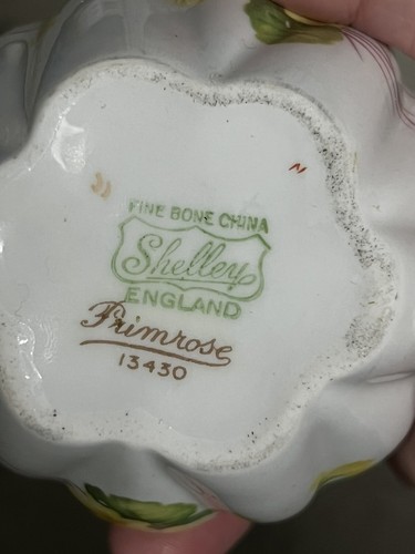 MINI CREMA Y AZUCARERO Shelley INGLATERRA PRÍMULA DELICADA Bone China De colección - Imagen 8 de 9