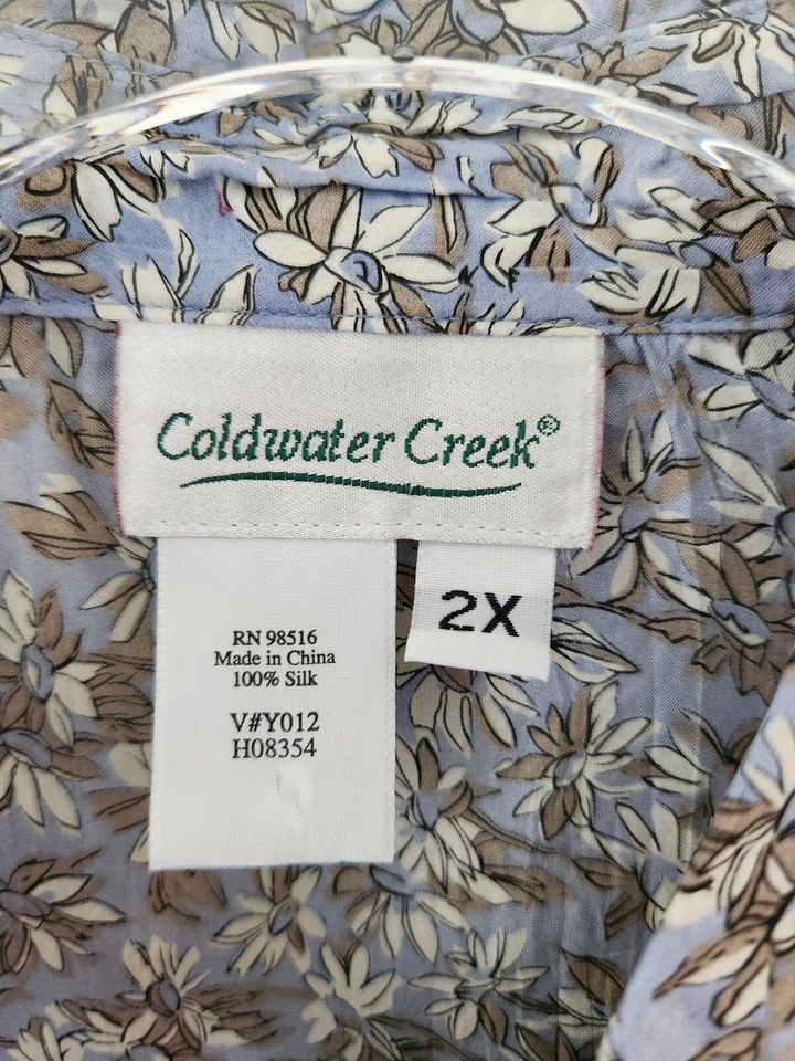 Blusa Coldwater Creek 100 % seda 2X azul floral abotonada manga larga botón fregona Foto 4 de 4