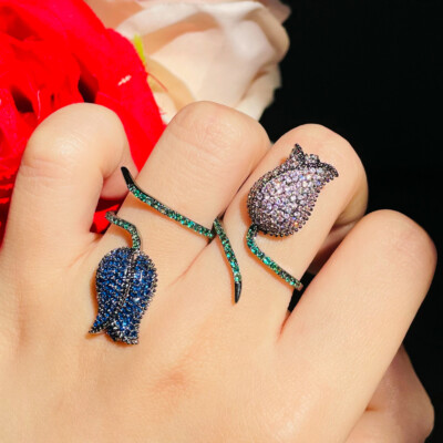 Elegant Royal Blue Adjustable CZ Rose Flower Open Rings for Brides Engagement