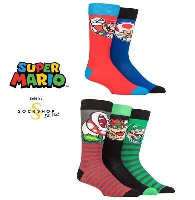 Super Mario Socks Mens Womens Kids Movie Characters Cotton SOCKSHOP- 5 Pair Pack