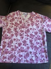 EUC Love Pink heart print Scrub top women s large with pockets