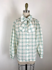 Vintage Pussy Bow Blouse Secretary Geek Medium Made in USA Windowpane Plaid