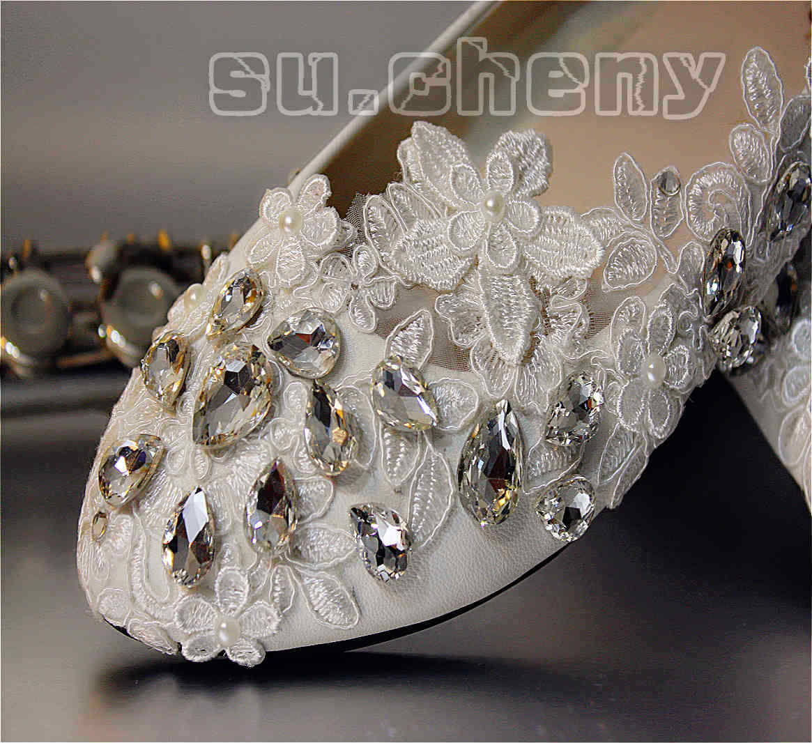 White pearl rhinestone flat lace flower Wedding Bridal Bridesmaid  shoes