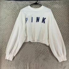 Pink Womans L Sweatshirt White Cropped Baggy Long Sleeve Logo Lounge Athletic