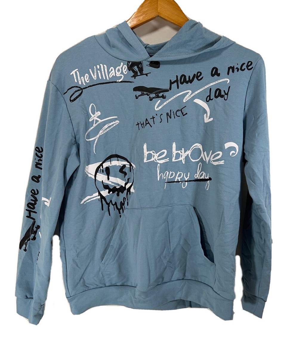 Shein Graffiti Hoodie Youth 13-14 Kangaroo Pocket Light Blue
